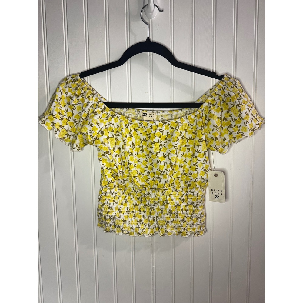 Billabong Yellow Floral Smocked Off The Shoulder Crop Top NWT Cotton Large